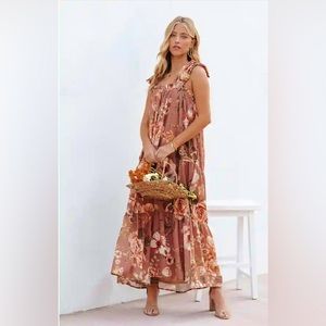 🍂 NWT! VICI Hadley Pocketed Floral Tie Strap Midi Dress - Mocha - XS